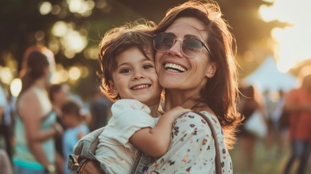 Portrait of happy mother and her little daughter having fun at summer music festivalの素材