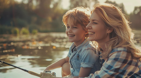 happy mother and son fishing together on lake at sunny day in summerの素材