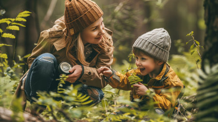 happy mother and son looking at each other while hiking in autumn forestの素材