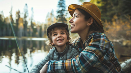Happy mother and son are fishing on the lake in the forest.の素材