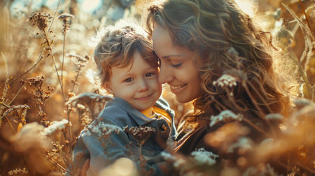 Happy mother and son in the autumn field. Motherhood, family, happiness concept.の素材