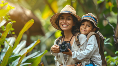 Happy mother and son travel in tropical forest with camera. Traveling with children concept.の素材