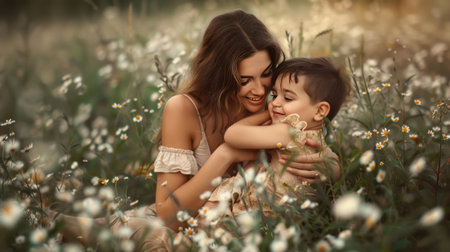 Beautiful mother and son in the field of daisies.の素材