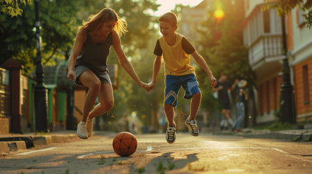 Happy boy and girl playing basketball on the street at sunset. Sport and friendship concept.の素材