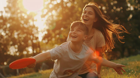 Mother and son are playing together in the park at sunset. The concept of a happy family.の素材