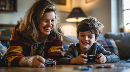 Happy mother and son playing video games at home. They are smiling and looking at camera.の素材