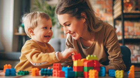 Cute little boy and his mother playing with building blocks at homeの素材