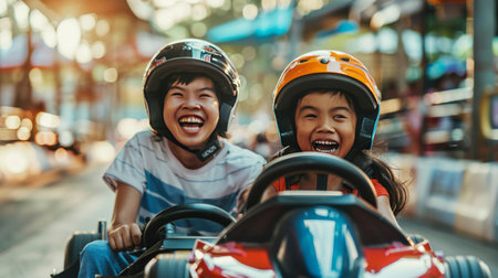 Happy asian boy and girl driving go kart in the city.の素材