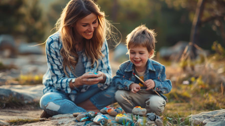 Mother and son paint Easter eggs in the forest. Happy family.の素材