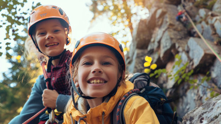 Two little girls are having fun and smiling while climbing on a cliff.の素材