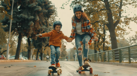 Mother teaches son to skateboard. Mom teaches son to skate.の素材