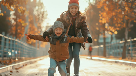 Mother and daughter walking in autumn park. Happy family having fun together.の素材