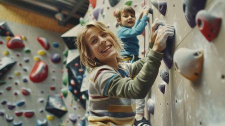 Young mother and her little son climbing on indoor climbing wall. Focus on womanの素材