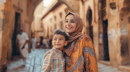 Muslim woman with her son in the street of the old city.の素材