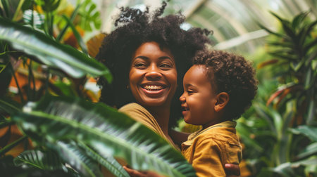 Portrait of happy african american mother and son in greenhouseの素材