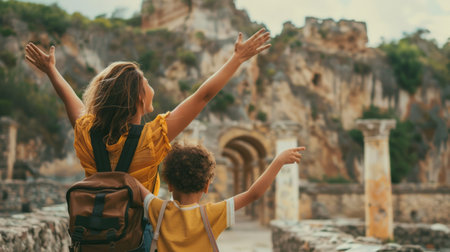 Mother and son travelers in ancient city Ephesus, Turkey.の素材