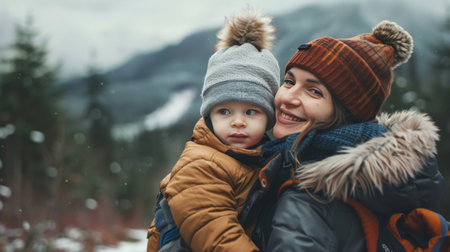 happy mother and son in warm clothes on the background of snowy mountainsの素材