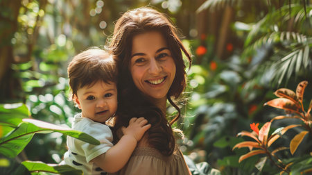 Portrait of a happy mother and her daughter in the garden.の素材