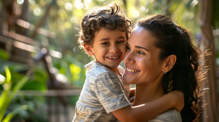 Portrait of a mother and son having fun in the garden.の素材