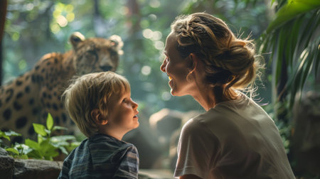 Mother and son in the zoo. Mother and son looking at each otherの素材