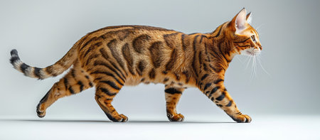 Beautiful bengal cat standing on gray background. Studio shot.の素材