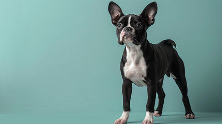 Cute Boston Terrier dog standing on blue background with copy spaceの素材