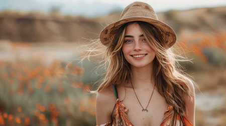 Outdoor portrait of beautiful young woman with long blond hair wearing straw hat in a field of poppiesの素材