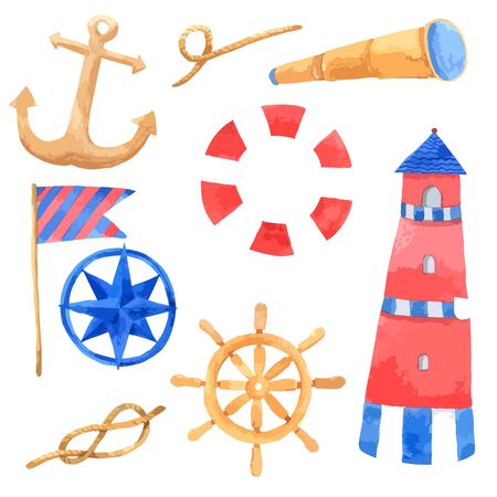 Marine nautical travel watercolor collection on white background , Cartoon Hand drawn for Kids, Greeting Card , Cases design, Postcards, Product, Notebook and moreのイラスト素材