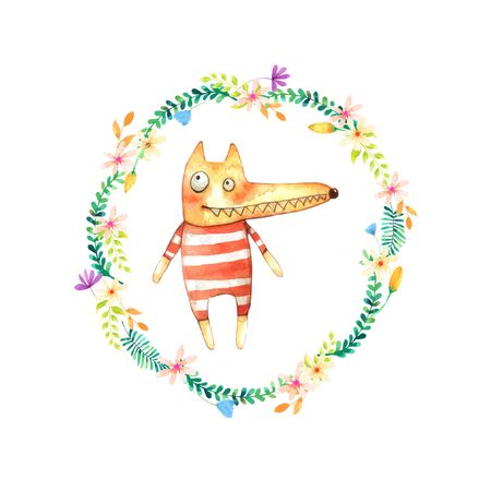 Cute Wolf in Floral Wreath with Hand drawn painted Watercolorのイラスト素材