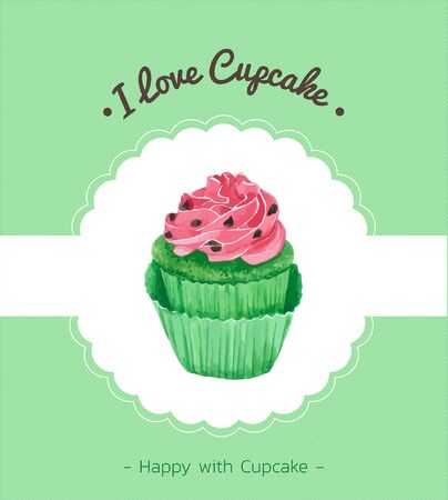 Cupcake greeting card. Vector watercolor style, Design for birthday, scrapbook, bakery design.のイラスト素材