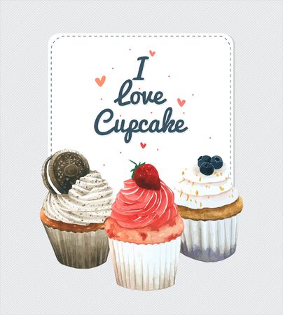 Cupcake invitation card. Vector watercolor style, Design for birthday, scrapbook, bakery design.のイラスト素材