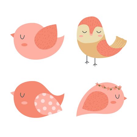 Birds Cartoon Vector , Set of Cute Birds for Design. Decorative card making, wedding invitation and moreのイラスト素材