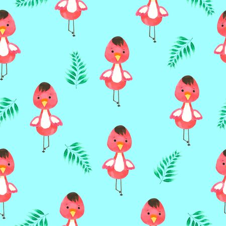 Flamingo Cartoon Seamless Pattern Hand painted in watercolorのイラスト素材