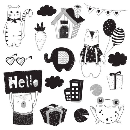 Animal Doodle set black and white drawのイラスト素材