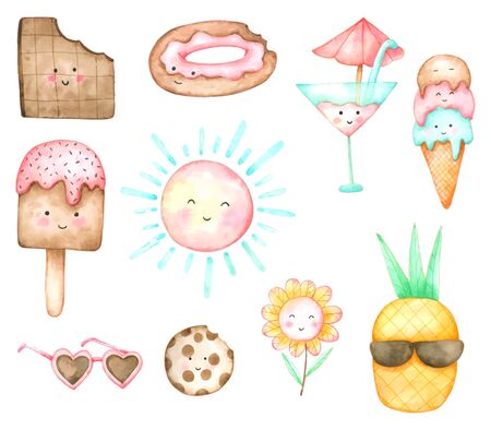 Summer cartoon set ice cream and dessert hand drawn watercolour isolated on white backgroundのイラスト素材