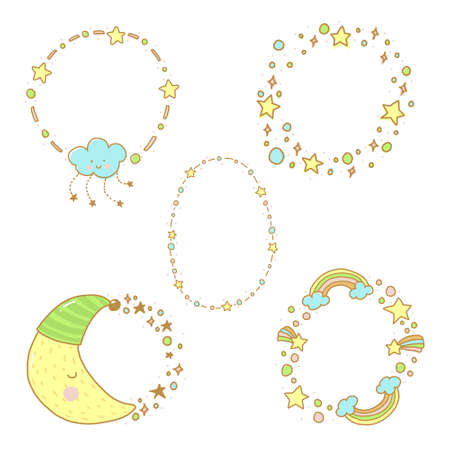 Doodle star and cloud hand draw frame and border colourful setのイラスト素材