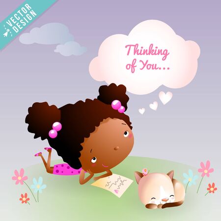 Teen Daydreams Thinking of Love with Sleeping Kitten Cat and Spring Flowers in Summer Meadow Grassのイラスト素材