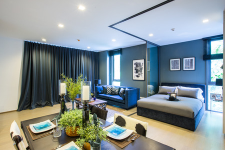 NAKHORNRATCHASIMA  THAILAND OCT 11: Luxury Interior living room with kitchen zone and restaurant set atthe valley khaoyai condominium on october 11,2015のeditorial素材