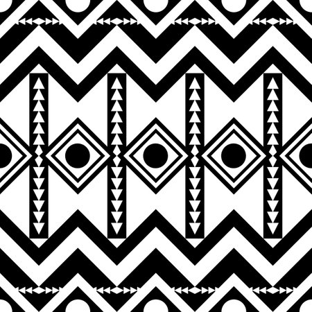 Seamless vector pattern. Black and white geometrical background with hand drawn decorative tribal elements. Print with ethnic, folk, traditional motifs.の写真素材