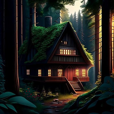 AI 3D render of a fairy tale house in the forest at nightの素材