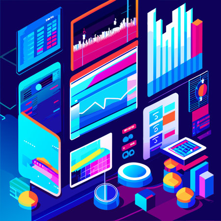 Isometric infographics elements. Mobile application development, web analytics, statistical data analysis, business analyticseting research, statistics. Vector illustrationの写真素材