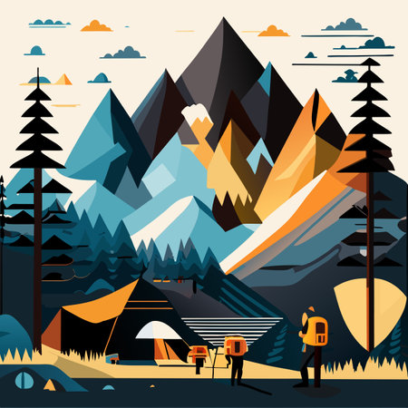 Camping in the mountains. Vector illustration in flat design style.の素材