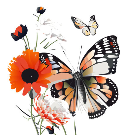Butterflies and flowers. Vector illustration. Isolated on white background.の写真素材