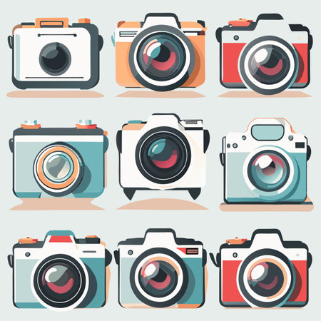 Set of camera icons. Vector illustration in flat style. Collection of different cameras.の写真素材