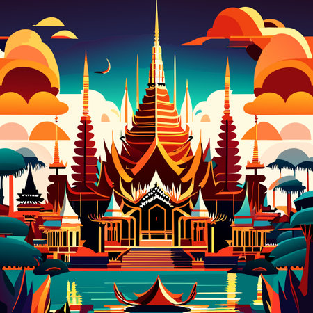 Thai temple background. Vector illustration in flat style. Temple of the Emerald Buddha.の素材