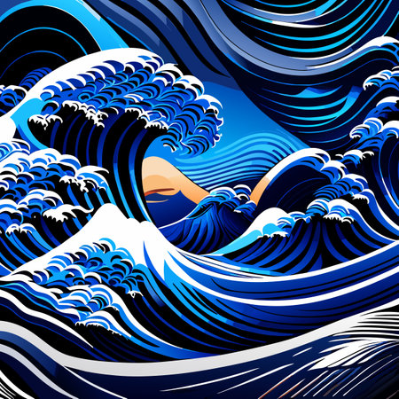 Vector illustration of a stormy sea waves on a blue background.の素材
