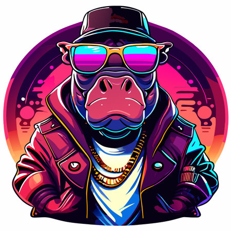 Vector illustration of a hipster hippo in a hat and sunglasses.