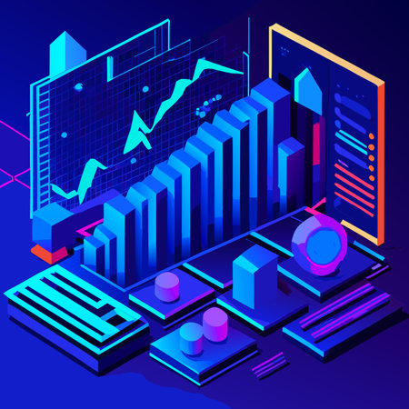 3d isometric vector illustration of a business chart and statistics on a blue background