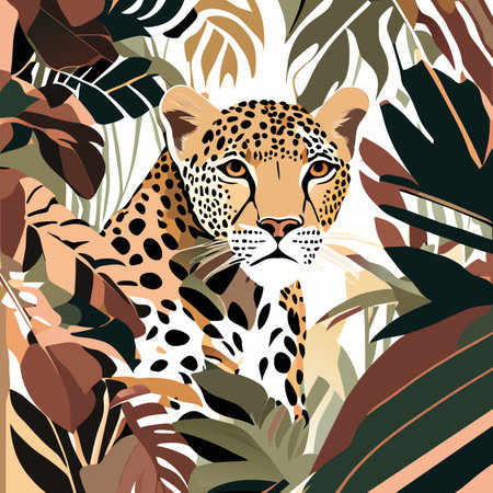 Leopard and tropical leaves. Hand drawn vector illustration for your designの写真素材