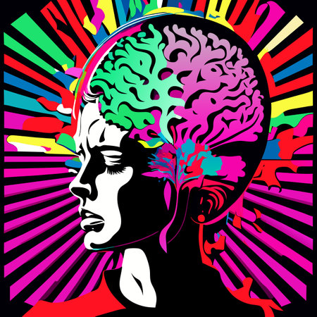 Artistic illustration of a man with a brain on a colorful background.